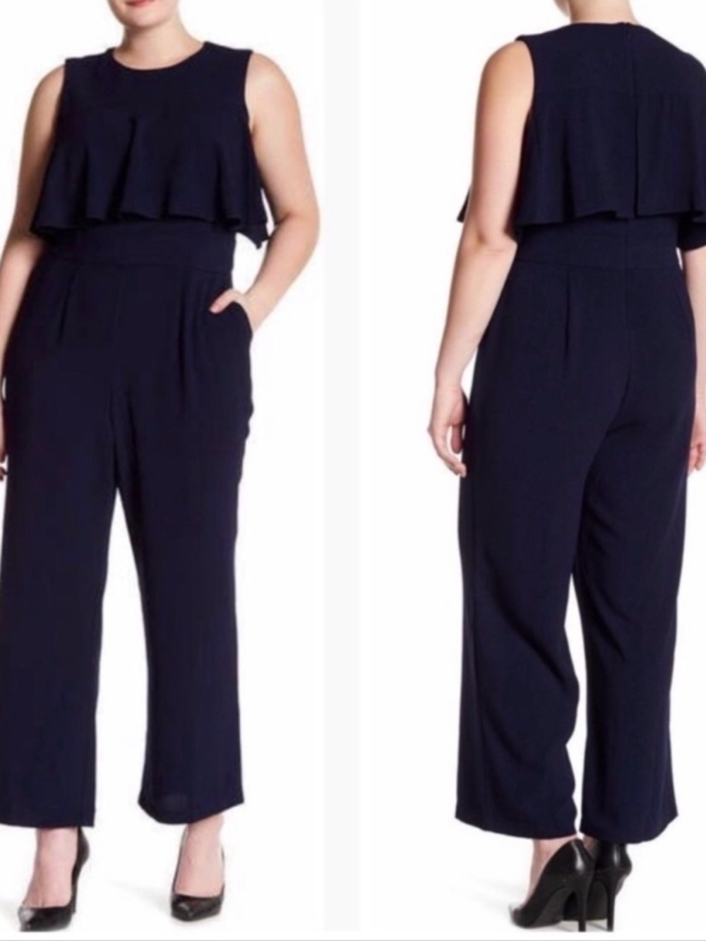 Vince Camuto Navy Blue Ruffled-Bodice Sleeveless Jumpsuit